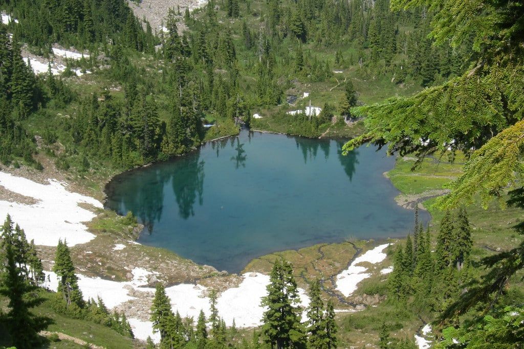 An alpine lake nestled among evergreen trees and patches of snow in the Seven Lakes Basin of Olympic National Park.