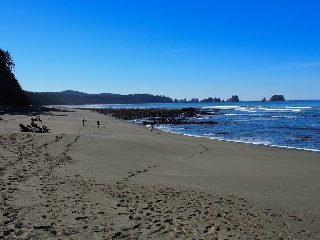Footprints line the sandy expanse of Shi Shi Beach leading toward the distant sea stacks of Point of the Arches in Olympic National Park.